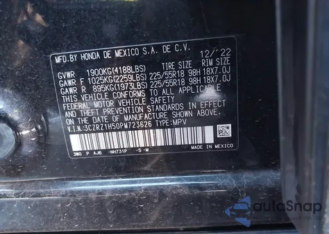 2023 Honda Hr-V 2Wd Sport из США, поврежденный, VIN 3CZRZ1H50PM723626